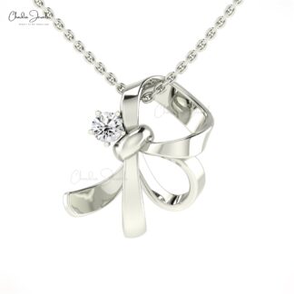 Dainty Knot Curved Pendant In 14k Solid Gold White Diamond 5mm Round Cut Necklace For Her