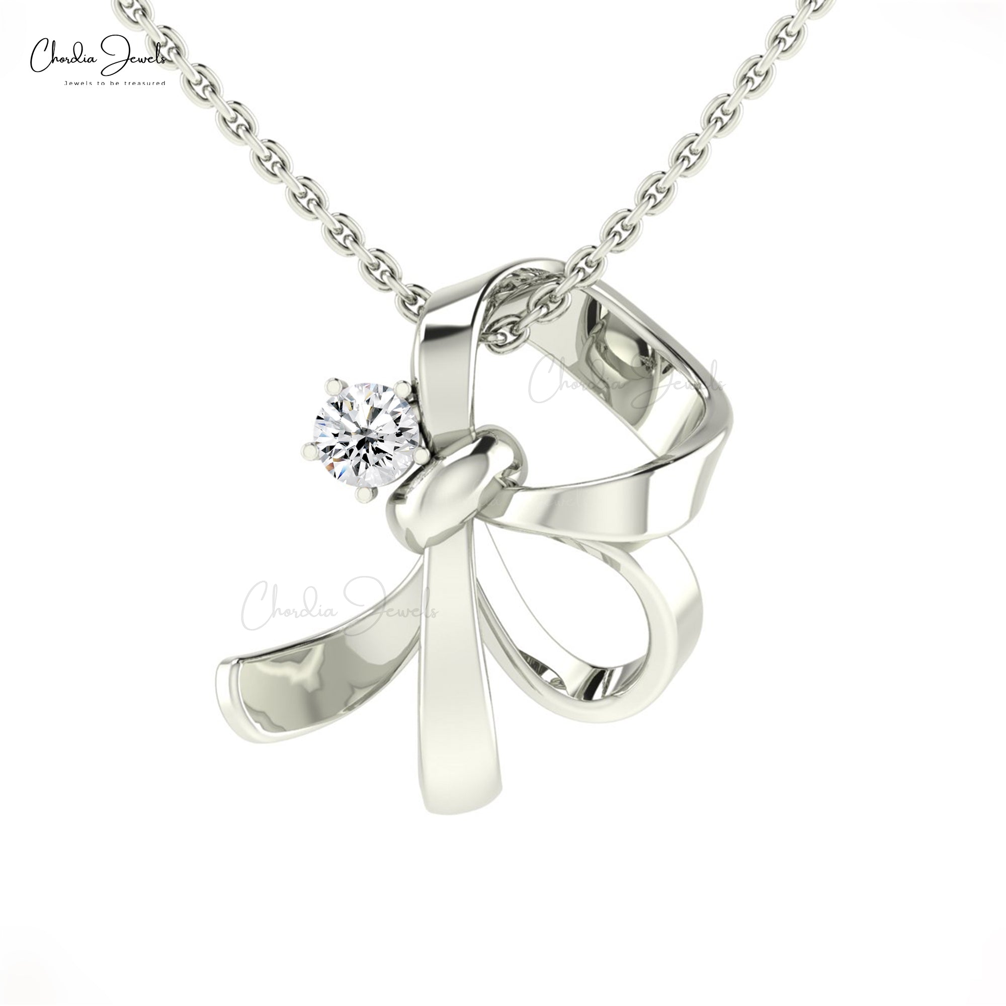 Dainty Knot Curved Pendant In 14k Solid Gold White Diamond 5mm Round Cut Necklace For Her