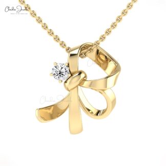 Dainty Knot Curved Pendant In 14k Solid Gold White Diamond 5mm Round Cut Necklace For Her
