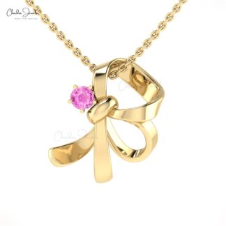 Knot Solitaire Pendant With 3mm Round Pink Sapphire Curved Necklace In 14k Real Gold