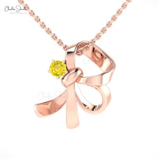 Round Cut Knot Pendant With 3mm Yellow Sapphire Curved Wedding Necklace in 14k Real Gold
