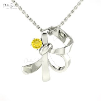 Round Cut Knot Pendant With 3mm Yellow Sapphire Curved Wedding Necklace in 14k Real Gold