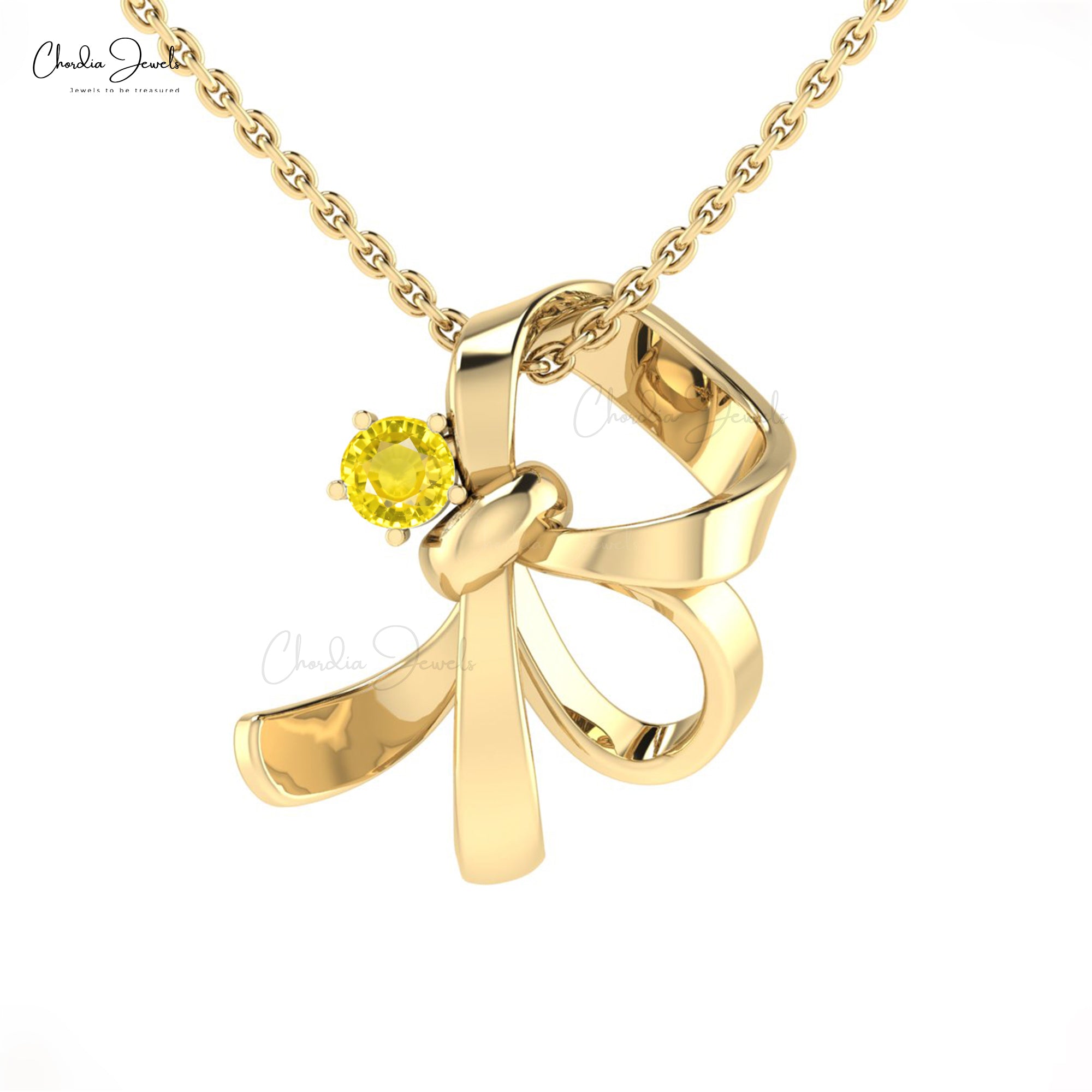 Round Cut Knot Pendant With 3mm Yellow Sapphire Curved Wedding Necklace in 14k Real Gold