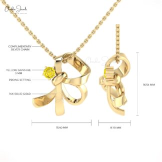 Round Cut Knot Pendant With 3mm Yellow Sapphire Curved Wedding Necklace in 14k Real Gold