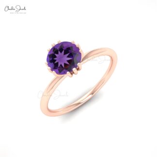 Round Cut Wedding Ring In Real 14k Gold Genuine 0.74 Ct Amethyst Solitaire Rings For Her