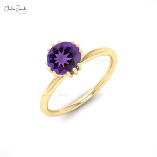 Round Cut Wedding Ring In Real 14k Gold Genuine 0.74 Ct Amethyst Solitaire Rings For Her