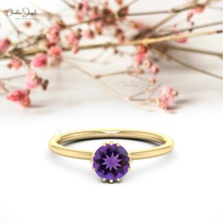 Round Cut Wedding Ring In Real 14k Gold Genuine 0.74 Ct Amethyst Solitaire Rings For Her