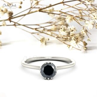 Single Stone Engagement Ring With 6mm Black Diamond Prong Set In 14k Real Gold Rings