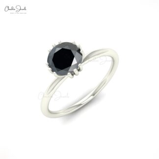 Single Stone Engagement Ring With 6mm Black Diamond Prong Set In 14k Real Gold Rings