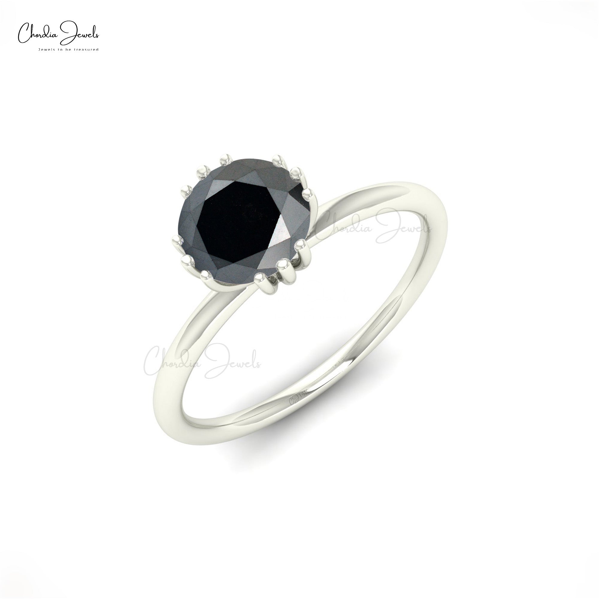 Single Stone Engagement Ring With 6mm Black Diamond Prong Set In 14k Real Gold Rings