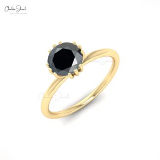 Single Stone Engagement Ring With 6mm Black Diamond Prong Set In 14k Real Gold Rings