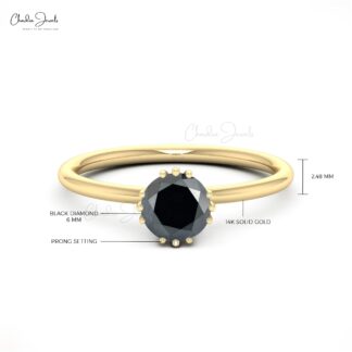Single Stone Engagement Ring With 6mm Black Diamond Prong Set In 14k Real Gold Rings