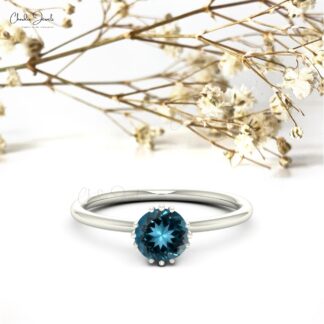 Single Round Cut Solitaire Ring With 6mm London Blue Topaz Prong Set In 14k Pure Gold Ring