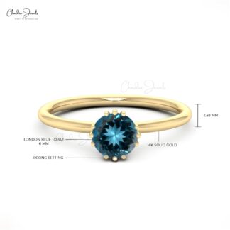 Single Round Cut Solitaire Ring With 6mm London Blue Topaz Prong Set In 14k Pure Gold Ring