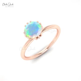 Real 14k Gold Single Stone Ring With 0.57 Ct Fire Opal Round Cut Handmade Rings