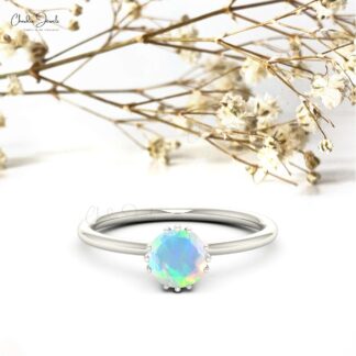 Real 14k Gold Single Stone Ring With 0.57 Ct Fire Opal Round Cut Handmade Rings