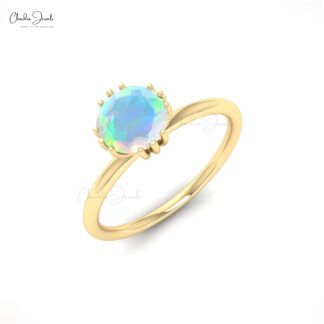 Real 14k Gold Single Stone Ring With 0.57 Ct Fire Opal Round Cut Handmade Rings