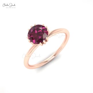 Gemstone Engagement Ring With 6mm Rhodolite Garnet Solitaire Ring In 14k Real Gold