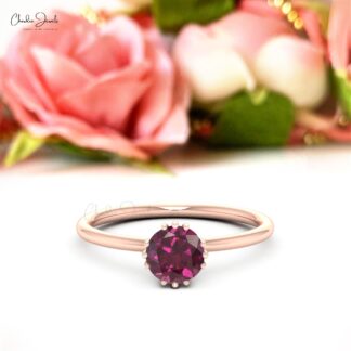 Gemstone Engagement Ring With 6mm Rhodolite Garnet Solitaire Ring In 14k Real Gold