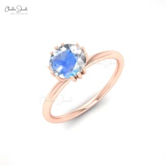 Solitaire Birthstone Ring In Solid 14k Gold Rainbow Moonstone 0.74 Ct Round Cut Bridal Ring