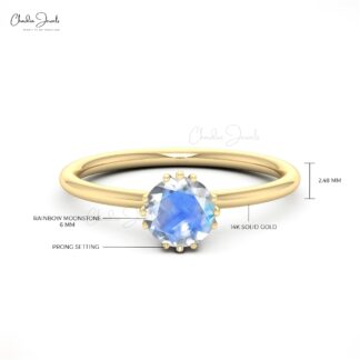 Solitaire Birthstone Ring In Solid 14k Gold Rainbow Moonstone 0.74 Ct Round Cut Bridal Ring