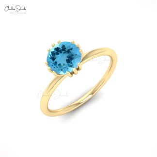 Solitaire Proposal Ring In 14k Real Gold Swiss Blue Topaz 0.74 Ct Round Cut Women Ring
