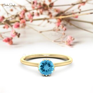Solitaire Proposal Ring In 14k Real Gold Swiss Blue Topaz 0.74 Ct Round Cut Women Ring