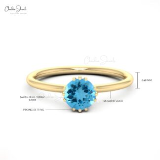 Solitaire Proposal Ring In 14k Real Gold Swiss Blue Topaz 0.74 Ct Round Cut Women Ring