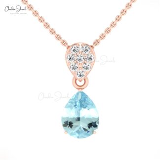 Natural Aquamarine Tear Drop Pendant 2.00 Carat 14k Solid Gold White Diamond Pendant