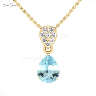 Natural Aquamarine Tear Drop Pendant 2.00 Carat 14k Solid Gold White Diamond Pendant