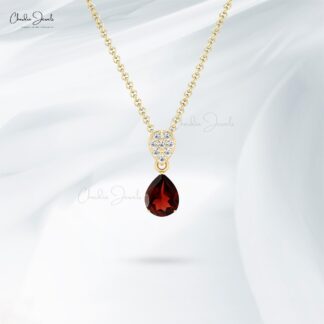 Natural Garnet Dangle Pendant With G-H Diamond Pave Set In 14k Solid Gold Bridal Pendants