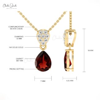 Natural Garnet Dangle Pendant With G-H Diamond Pave Set In 14k Solid Gold Bridal Pendants