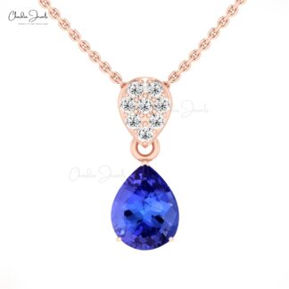 Tear Drop Dangle Pendant In Real 14k Gold Tanzanite 9x7mm Gemstone Diamond Necklace