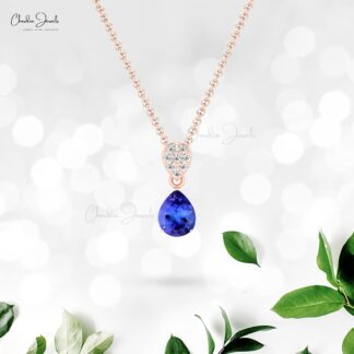 Tear Drop Dangle Pendant In Real 14k Gold Tanzanite 9x7mm Gemstone Diamond Necklace