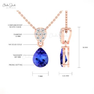 Tear Drop Dangle Pendant In Real 14k Gold Tanzanite 9x7mm Gemstone Diamond Necklace