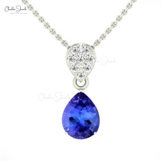 Tear Drop Dangle Pendant In Real 14k Gold Tanzanite 9x7mm Gemstone Diamond Necklace