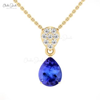 Tear Drop Dangle Pendant In Real 14k Gold Tanzanite 9x7mm Gemstone Diamond Necklace