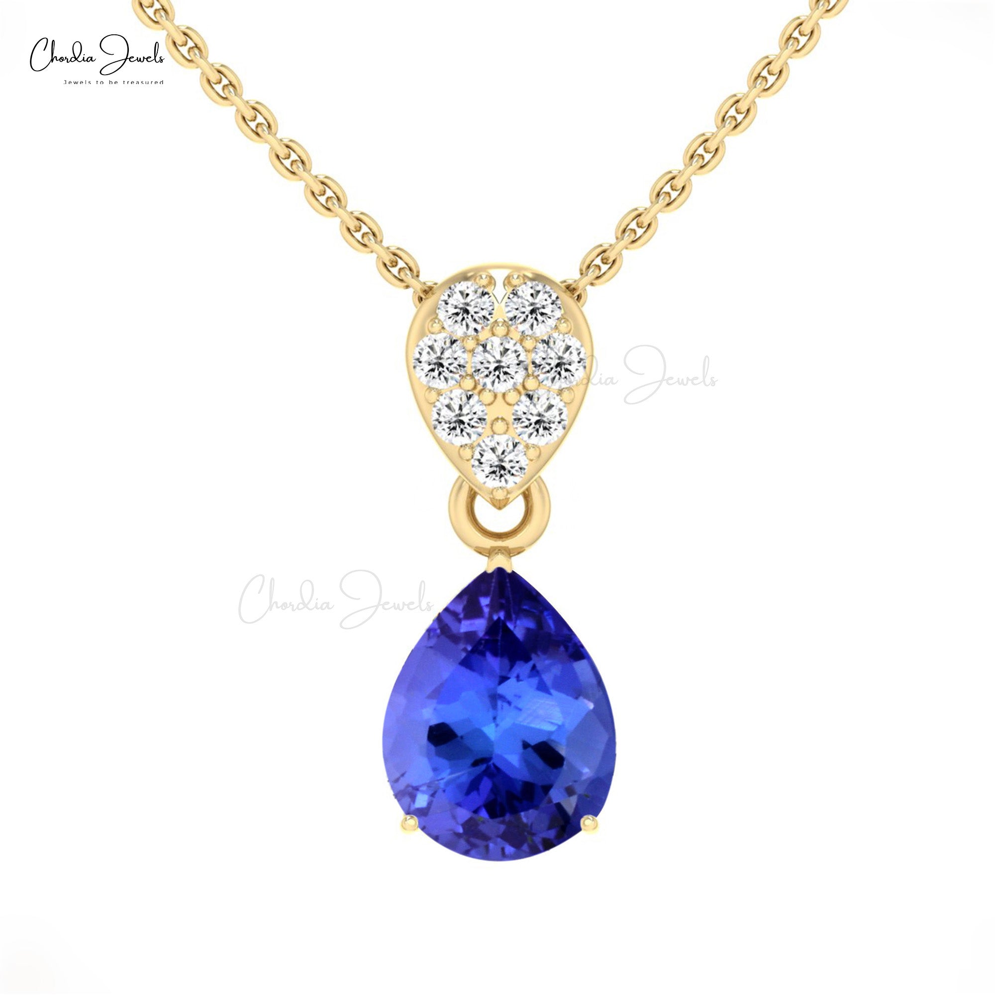 Tear Drop Dangle Pendant In Real 14k Gold Tanzanite 9x7mm Gemstone Diamond Necklace