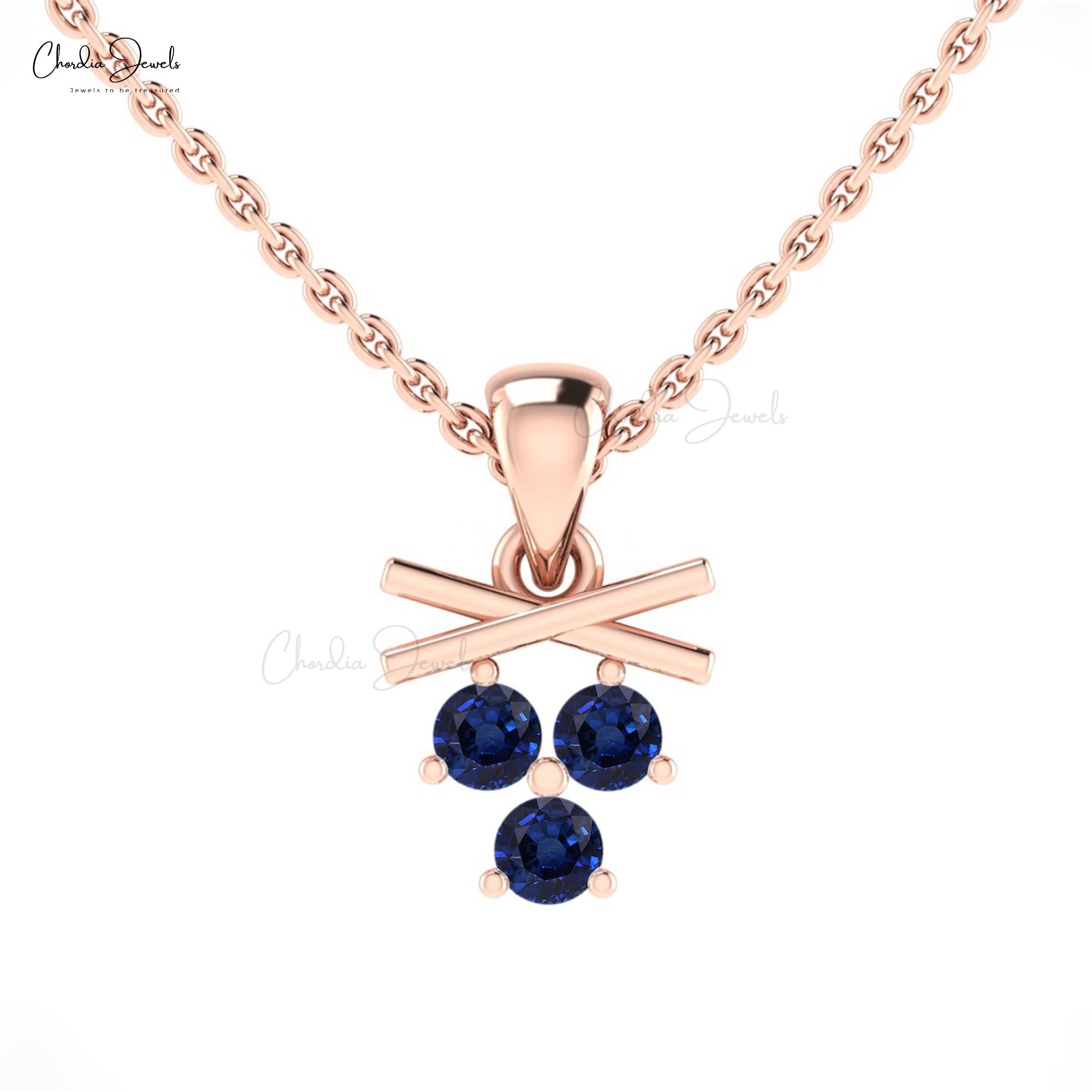 Triple Stone Women Pendant In Real 14k Gold Blue Sapphire 0.18 Ct Gemstone Fine Jewelry