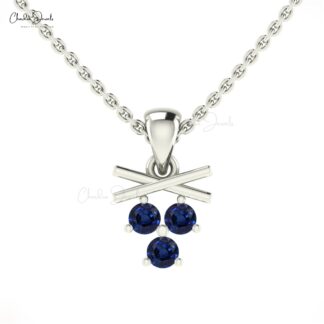 Triple Stone Women Pendant In Real 14k Gold Blue Sapphire 0.18 Ct Gemstone Fine Jewelry