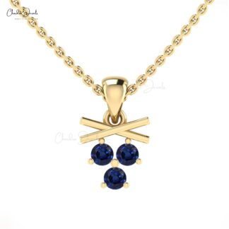 Triple Stone Women Pendant In Real 14k Gold Blue Sapphire 0.18 Ct Gemstone Fine Jewelry