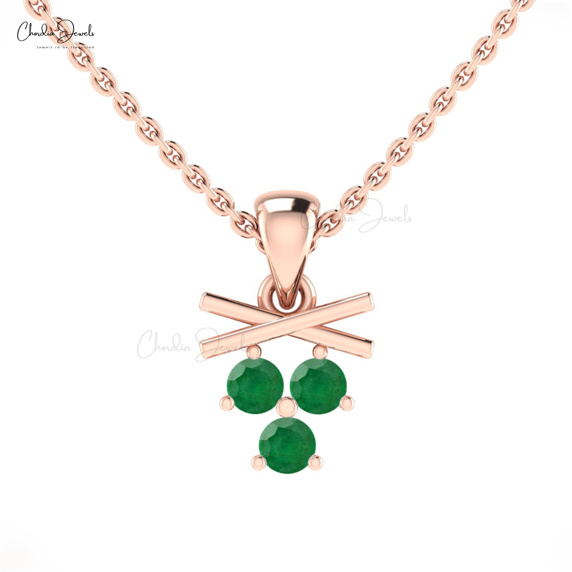 Dangle 3 Stone Pendant With 2.5mm Emerald Gemstone Prong Set In 14k Pure Gold Necklace