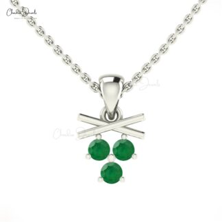 Dangle 3 Stone Pendant With 2.5mm Emerald Gemstone Prong Set In 14k Pure Gold Necklace