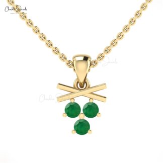 Dangle 3 Stone Pendant With 2.5mm Emerald Gemstone Prong Set In 14k Pure Gold Necklace
