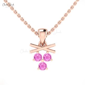 Genuine Pink Sapphire Gemstone 14k Solid Gold Three Stone Everyday Pendant