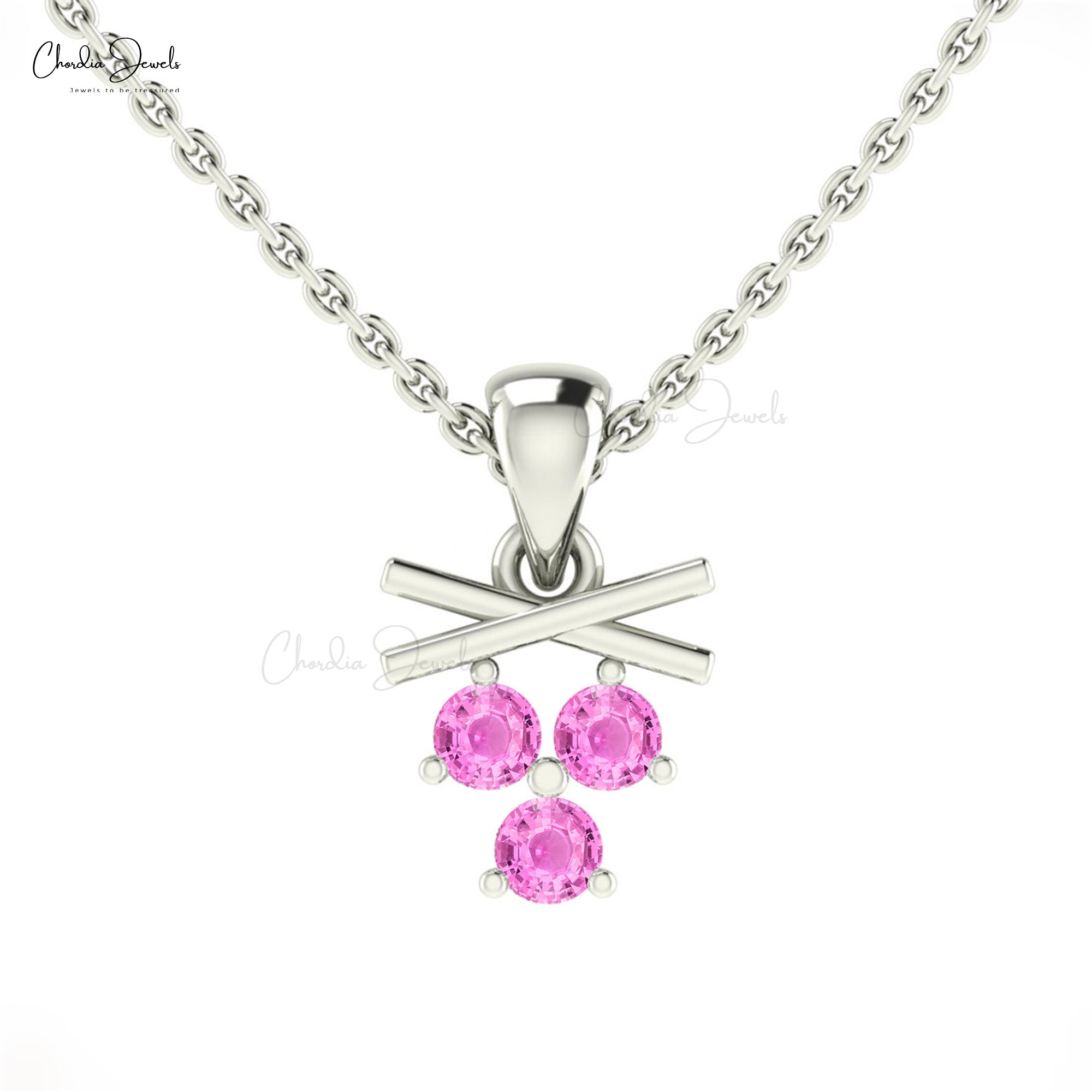 Genuine Pink Sapphire Gemstone 14k Solid Gold Three Stone Everyday Pendant
