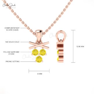Trilogy Gemstone Pendant With 2.5mm Yellow Sapphire Cluster Necklace In 14k Solid Gold