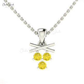 Trilogy Gemstone Pendant With 2.5mm Yellow Sapphire Cluster Necklace In 14k Solid Gold
