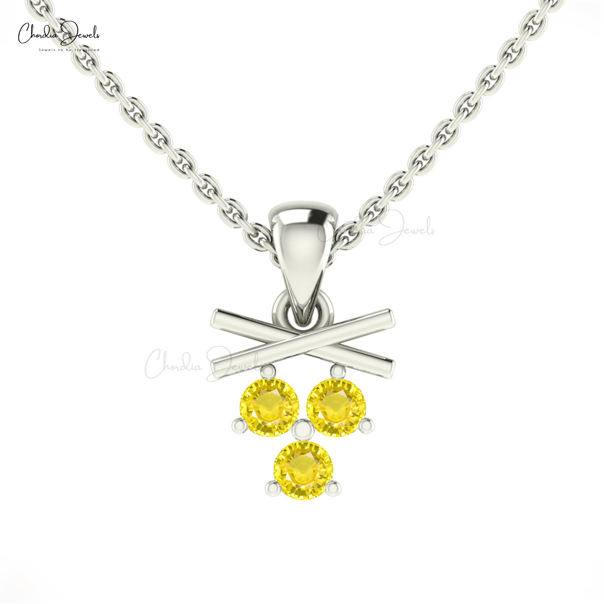 Trilogy Gemstone Pendant With 2.5mm Yellow Sapphire Cluster Necklace In 14k Solid Gold