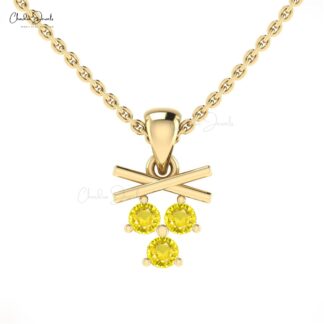 Trilogy Gemstone Pendant With 2.5mm Yellow Sapphire Cluster Necklace In 14k Solid Gold